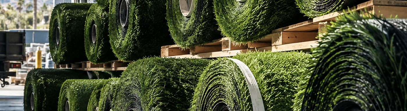 Rolls of artificial turf stacked on pallets in a California turf supply warehouse